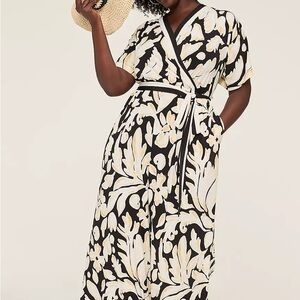 Elegant Black and Cream Floral Wrap Jumpsuit